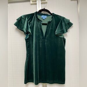 CeCe Teal Velvet Top with Ruffle Detail